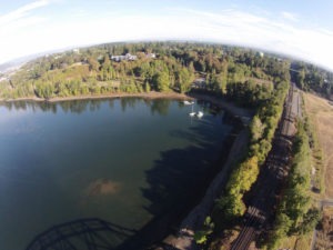 A partial aerial view of the cleaned up McCormick and Baxter site along the Willamette River.