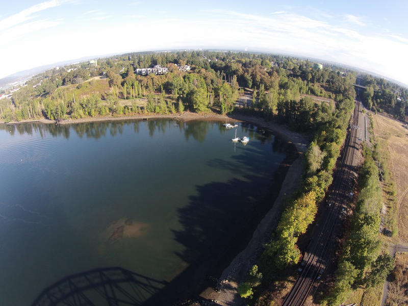 A partial aerial view of the cleaned up McCormick and Baxter site along the Willamette River.