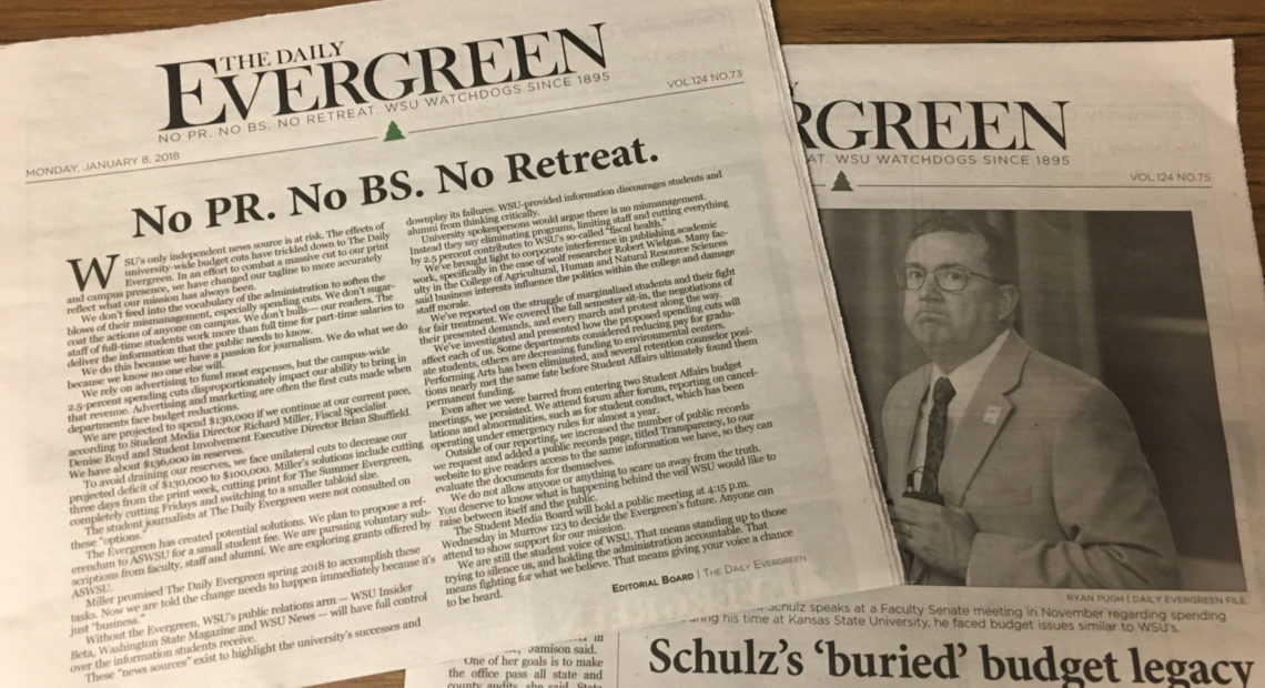 Daily Evergreen newspaper fronts - No Retreat