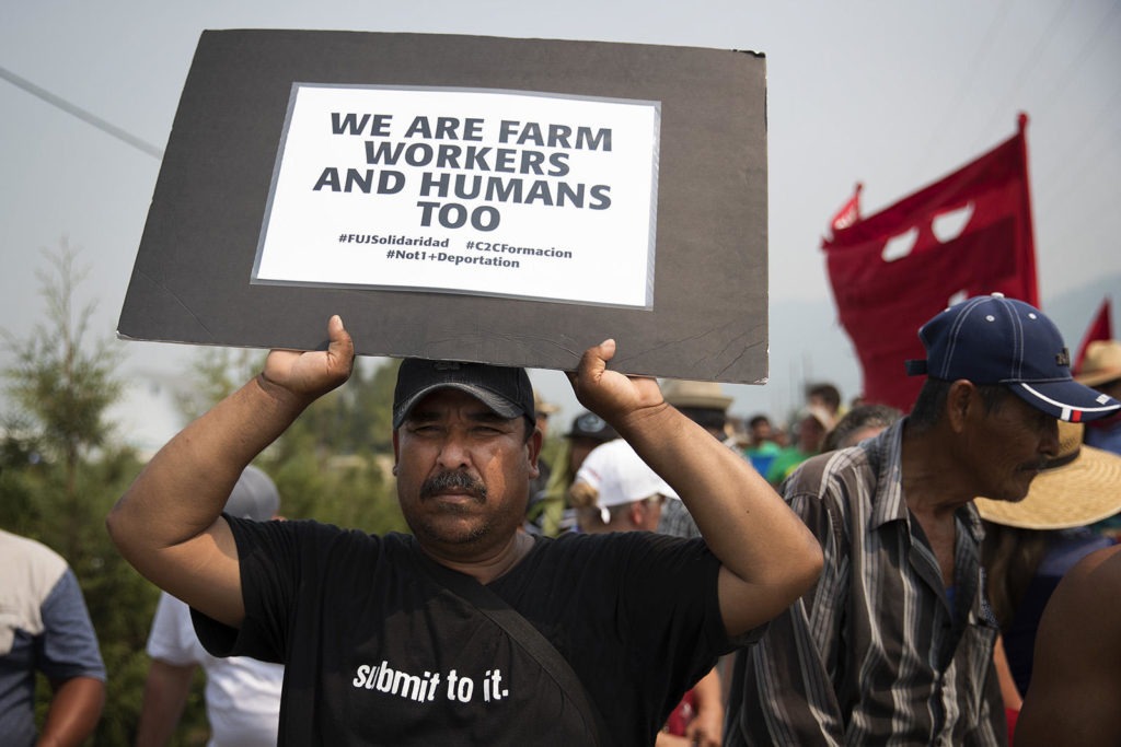 Sarbanand Farms farmworkers demonstrate after coworker's death in August 2017.