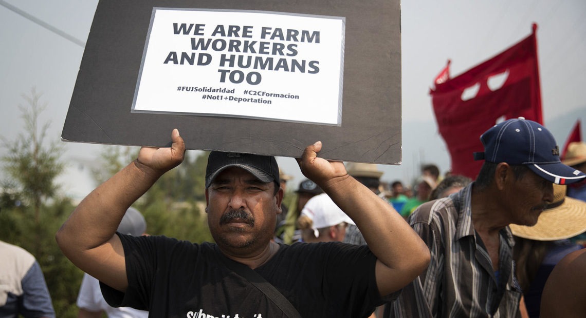 Sarbanand Farms farmworkers demonstrate after coworker's death in August 2017.