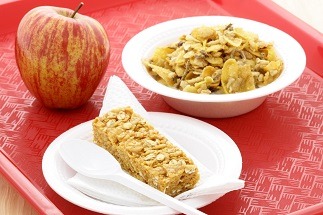 school breakfast on red tray stock image