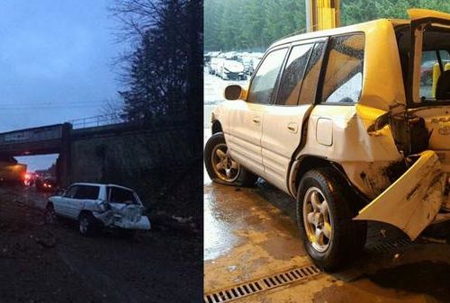 Cecilia Goetz's car after Amtrak train derailment on Interstate 5