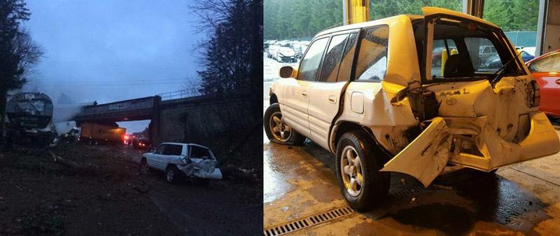 Cecilia Goetz's car after Amtrak train derailment on Interstate 5