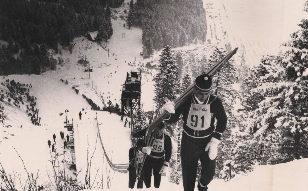 In the heyday of ski jumping at the Leavenworth Ski Hill, competitors climbed a walkway to the top of the large ski jump. CREDIT: SKI HERITAGE FOUNDATION
