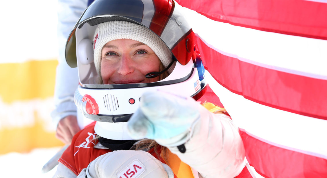 Gold medalist Jamie Anderson of the United States celebrates during the victory ceremony for the snowboard slopestyle, at the Pyeongchang 2018 Winter Olympics. CREDIT: CAMERON SPENCER/GETTY IMAGES