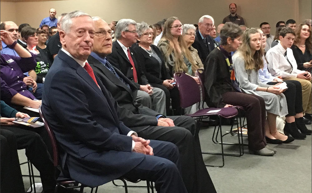 U.S. Secretary of Defense James Mattis, far left, made a trip to his hometown to honor Dr. Lew Zirkle of Richland with the department's Medal of Distinguished Public Service. CREDIT: ANNA KING / NORTHWEST NEWS NETWORK