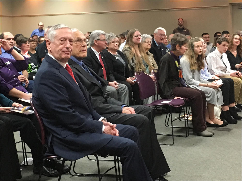 U.S. Secretary of Defense James Mattis, far left, made a trip to his hometown to honor Dr. Lew Zirkle of Richland with the department's Medal of Distinguished Public Service. CREDIT: ANNA KING / NORTHWEST NEWS NETWORK