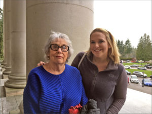 Betsy Deane and her granddaughter, Toria Staudinger, traveled to Olympia to witness Gov. Jay Inslee sign a grandparent visitation bill into law. Deane hopes to use the new law to win visitation rights to see her nine-year-old granddaughter. CREDIT: AUSTIN JENKINS / NORTHWEST NEWS NETWORK