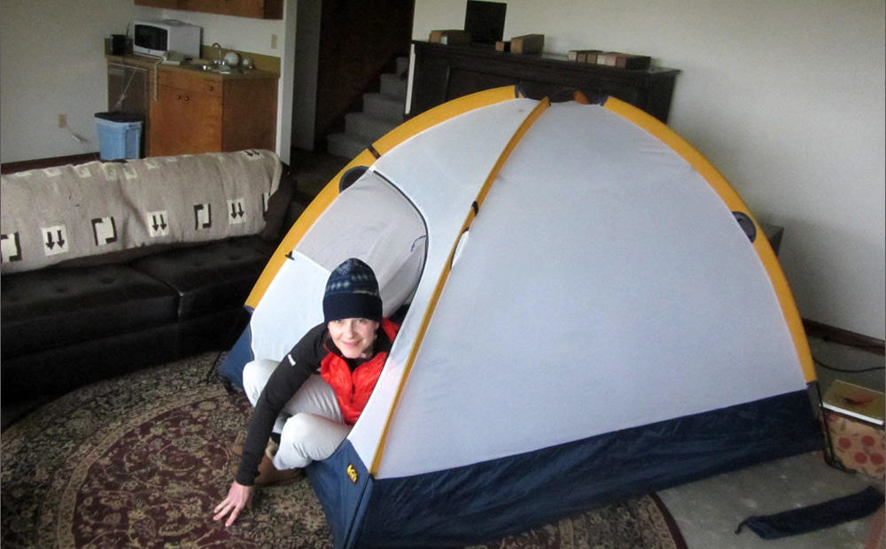 Pitching a tent indoors may seem weird, but after an earthquake your body heat could make it warmer in there than in a larger, unheated room. CREDIT: TOM BANSE