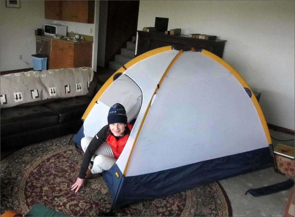 Pitching a tent indoors may seem weird, but after an earthquake your body heat could make it warmer in there than in a larger, unheated room. CREDIT: TOM BANSE