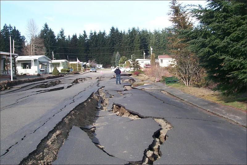Road damage due to liquefaction from the 2001 Nisqually Earthquake in Thurston County, Washington. Liquefaction is when the soil turns to jello during intense shaking.