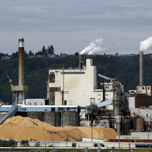 In this 2016, file photo, piles of wood chips sit near the RockTenn paper mill in Tacoma, Wash. Another ambitious effort to pass a carbon tax in Washington state has faltered as both Gov. Jay Inslee and the bill's prime sponsor conceded Thursday. CREDIT: TED S. WARREN, FILE / AP PHOTO