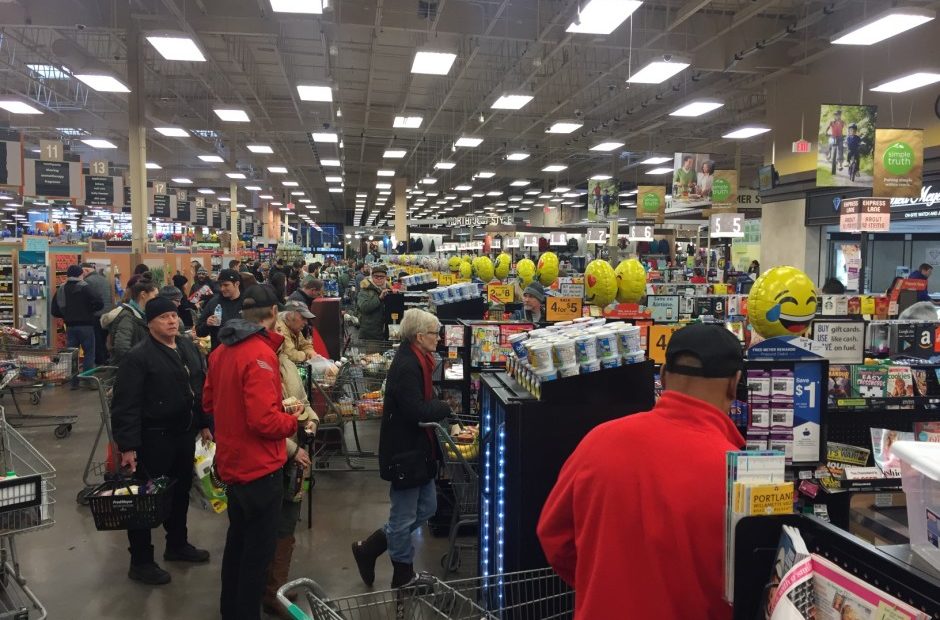Portland shoppers rushed to grocery stores in droves in preparation for a winter storm Saturday, Jan. 7, 2017. CREDIT: JOHN ROSMAN/OPB