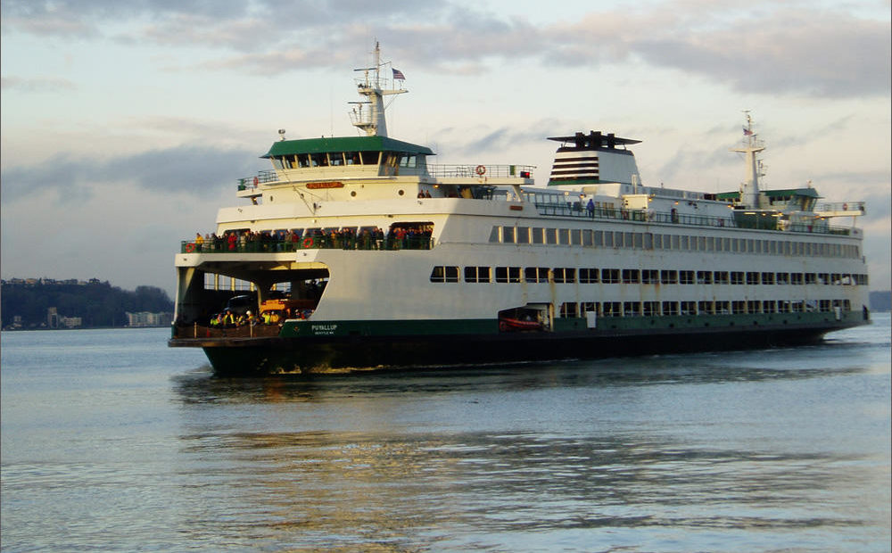The MV Puyallup is one of three Jumbo Mark II state ferries under study for possible conversion from diesel to battery-electric power. CREDIT: TOM BANSE