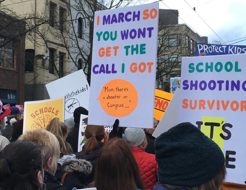 Demonstrators in Seattle gathered on Capitol Hill and then marched through downtown to Seattle Center during the March For Our Lives demonstration. CREDIT: ANNA FERGUSON