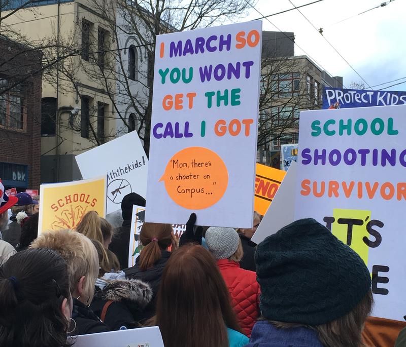 Demonstrators in Seattle gathered on Capitol Hill and then marched through downtown to Seattle Center during the March For Our Lives demonstration. CREDIT: ANNA FERGUSON
