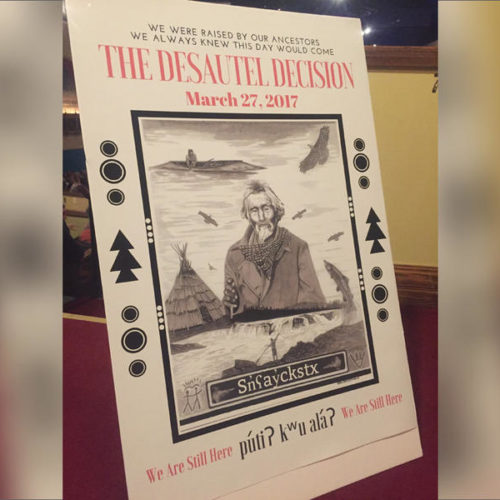 Artwork to commemorate the day a trial judge acquitted Sinixt descendant and Washington resident Rick Desautel of illegal hunting was created by Chief Rice, a member of the Confederated Tribes of the Colville.