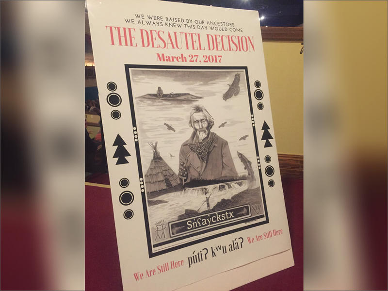 Artwork to commemorate the day a trial judge acquitted Sinixt descendant and Washington resident Rick Desautel of illegal hunting was created by Chief Rice, a member of the Confederated Tribes of the Colville.