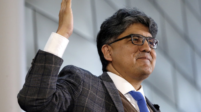 Sherman Alexie speaks at a celebration of Indigenous Peoples' Day at Seattle's City Hall in 2016. CREDIT: ELAINE THOMPSON