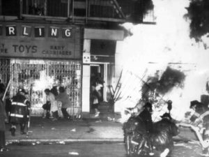Firemen battle a blaze on 125th Street in Harlem on April 4, 1968, after a furniture store and other buildings were set on fire after it was learned that civil rights leader the Rev. Martin Luther King Jr., had been assassinated in Memphis. AP