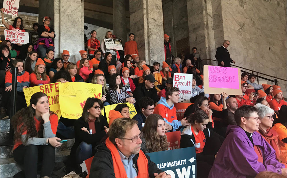 High school students rallied at the Washington state Capitol Tuesday demanding restrictions on purchases of military-style weapons and tougher background checks. CREDIT: ENRIQUE PEREZ DE LA ROSA / NORTHWEST NEWS NETWORK