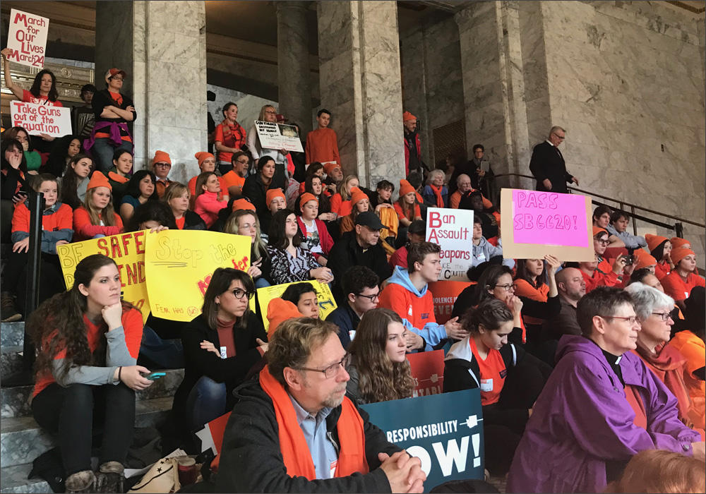 High school students rallied at the Washington state Capitol Tuesday demanding restrictions on purchases of military-style weapons and tougher background checks. CREDIT: ENRIQUE PEREZ DE LA ROSA / NORTHWEST NEWS NETWORK