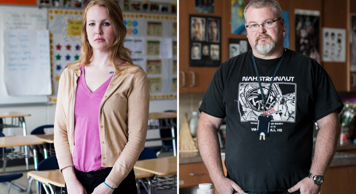 The TEACH grant helps teachers-to-be pay for college or a master's. But many teachers, like Maggie Webb (left) and David West, say when they began teaching, they were forced to pay it back. CREDIT: KAYANA SZYCMCZAK AND SEAN RAYFORD/NPR