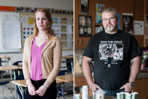 The TEACH grant helps teachers-to-be pay for college or a master's. But many teachers, like Maggie Webb (left) and David West, say when they began teaching, they were forced to pay it back. CREDIT: KAYANA SZYCMCZAK AND SEAN RAYFORD/NPR