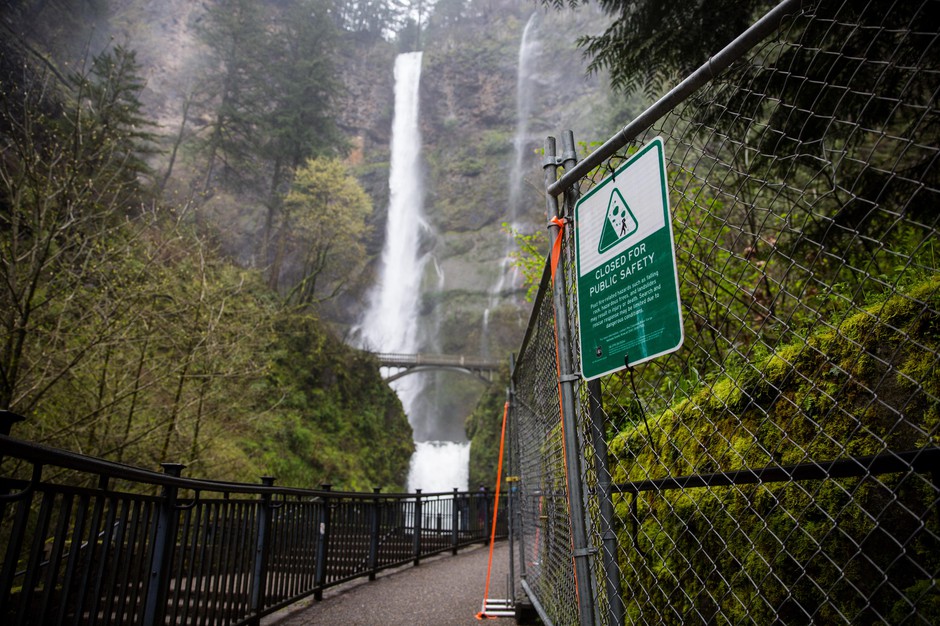 "Closed" signs mark off parts of Multnomah Falls, April 13, 2018. CREDIT: BRADLEY PARKS
