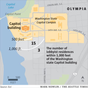 Nearly one-third of the 62 homes found immediately south of the Capitol are owned or used by lobbyists, corporations or unions, according to a review of public records. CREDIT: MARK NOWLIN/THE SEATTLE TIMES