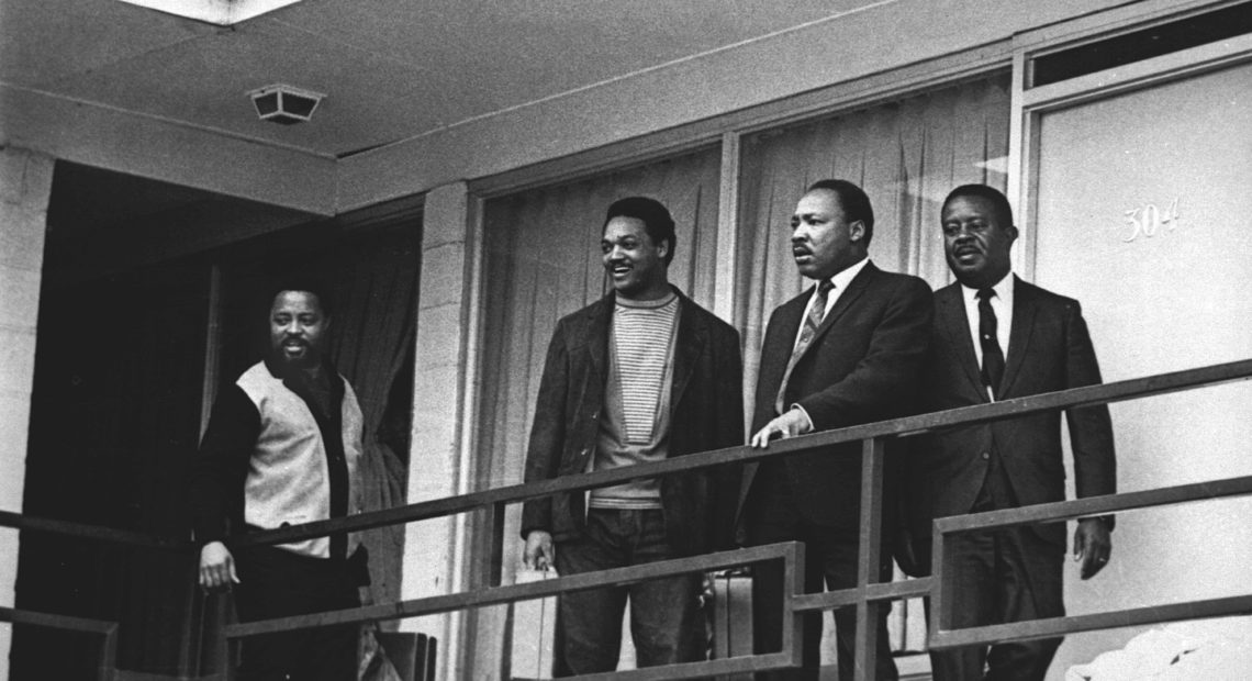 The Rev. Martin Luther King Jr. stands with other civil rights leaders on the balcony of the Lorraine Motel in Memphis, Tenn., on April 3, 1968, a day before he was assassinated at approximately the same place. From left are Hosea Williams, Jesse Jackson, King and Ralph Abernathy. CREDIT: CHARLES KELLY