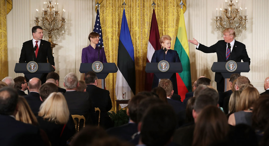 Left to right: Latvian President Raimonds Vejonis, Estonian President Kersti Kaljulaid, Lithuanian President Dalia Grybauskaite and U.S. President Donald Trump, hold a joint news conference in the East Room of the White House Tuesday. CREDIT: CHIP SOMODEVILLA