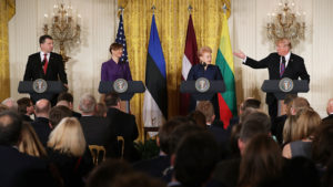 Left to right: Latvian President Raimonds Vejonis, Estonian President Kersti Kaljulaid, Lithuanian President Dalia Grybauskaite and U.S. President Donald Trump, hold a joint news conference in the East Room of the White House Tuesday. CREDIT: CHIP SOMODEVILLA