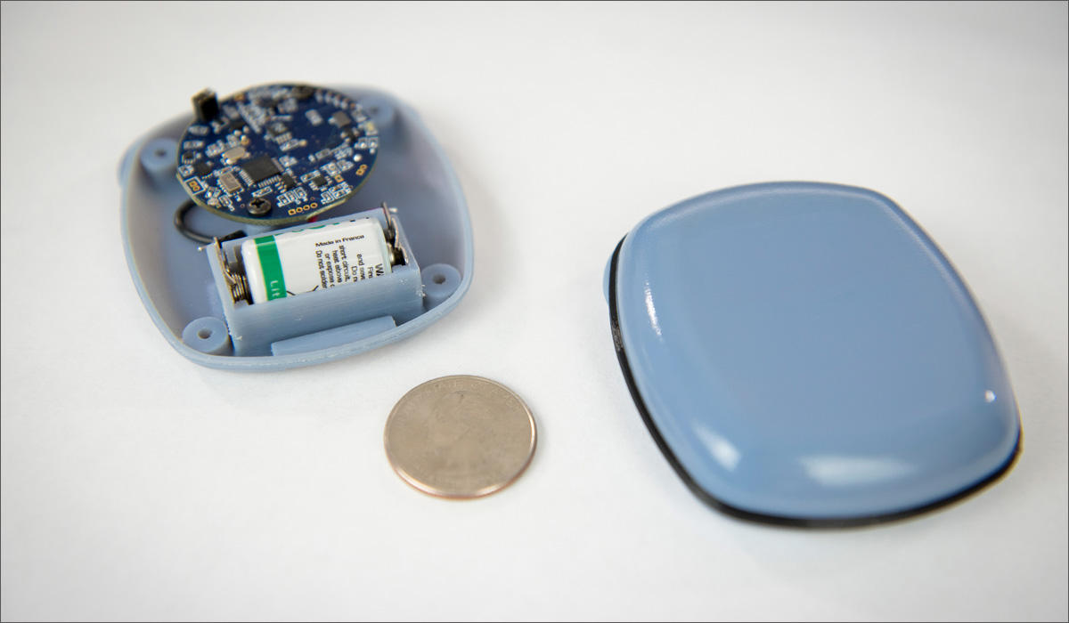 Pacific Northwest National Laboratory researchers designed the Acoustic Gunshot Detection Technology to be inexpensive. The golf ball-sized sensor contains a Wi-Fi-enabled microcontroller, microphone, and battery. CREDIT: PACIFIC NORTHWEST NATIONAL LABORATORY