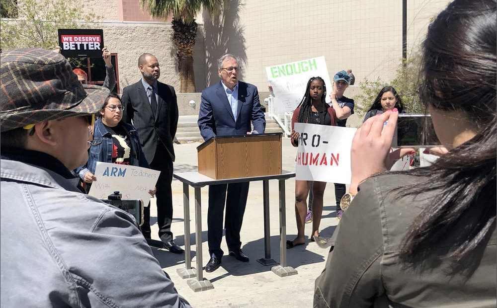 Washington Gov. Jay Inslee speaks at a news conference on gun violence at the University of Nevada Las Vegas. @JAYINSLEE/TINYURL.COM/YD6ESHE7