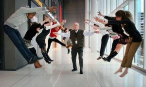 Kasell unleashes his powers in the lobby of NPR's headquarters in Washington, D.C. CREDIT: KATIE BURK