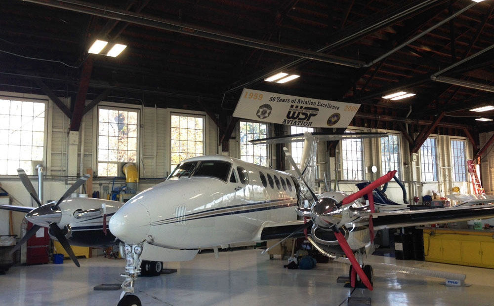 File photo of a Beechcraft King Air B200 turboprop aircraft at the Washington State Patrol aviation facility at the Olympia Airport. CREDIT: AUSTIN JENKINS