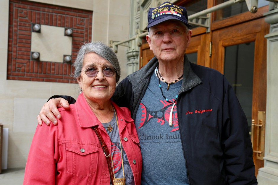 Chinook tribal elders Margaret Payne and Joe Brignone traveled from South Bend, Washington to Tacoma to attend the federal hearing. CREDIT: MOLLY SOLOMON