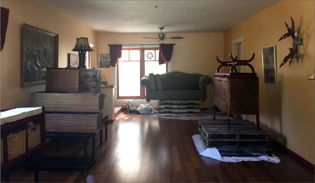 Furniture inside Rose and Andre Corso's house is up on pallets in anticipation of flood waters that could inundate their home.