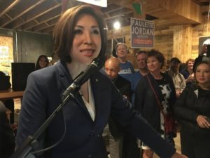 Democratic Paulette Jordan addresses supporters after winning the party primary Tuesday, May 15, 2018. CREDIT: AMANDA PREACHER/BSPR