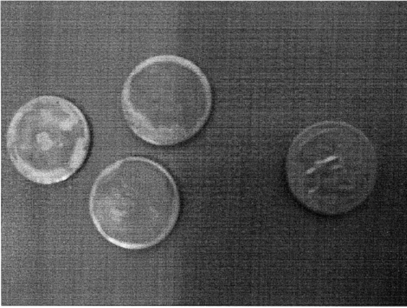 Three samples of plutonium are set next to a U.S. quarter for size comparison.