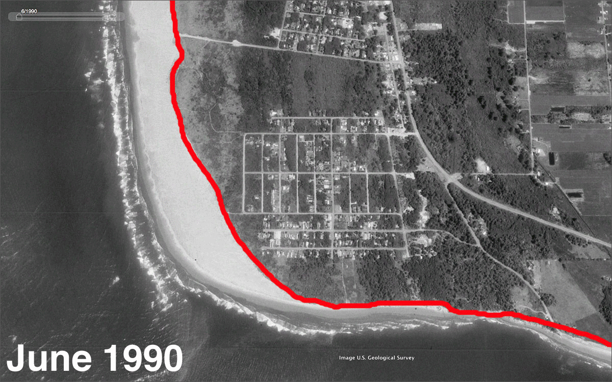 This animation shows the extreme rate of coastal erosion at North Cove, Washington. The red line indicates the shoreline in 1990. CREDIT: GOOGLE EARTH