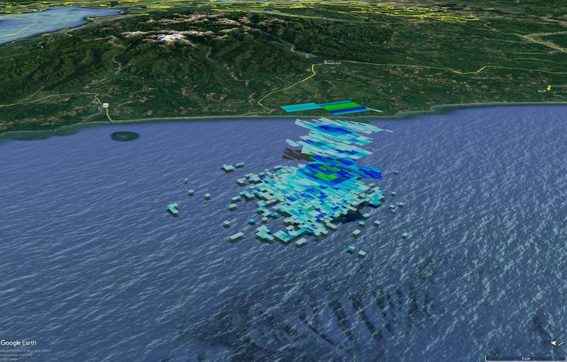 Composite of radar images from three different NOAA radars, showing radar reflections off of falling meteorite fragments along the coast of Washington's Grays Harbor County. CREDIT: MARC FRIES / NASA