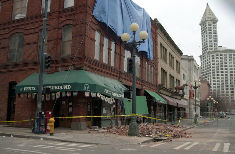 File photo of an unreinforced masonry (URM) building in Seattle's Pioneer Square neighborhood after the 2001 Nisqually earthquake.