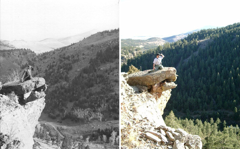 This photo pairing shows Colorado's Geer Canyon in 1911 and 2006. Decades of efforts to suppress fires have helped increased the density and homogeneity of ponderosa pine tree forests. Carnegie Library for Local History/Museum of Boulder Collection and Boulder County Parks & Open Space