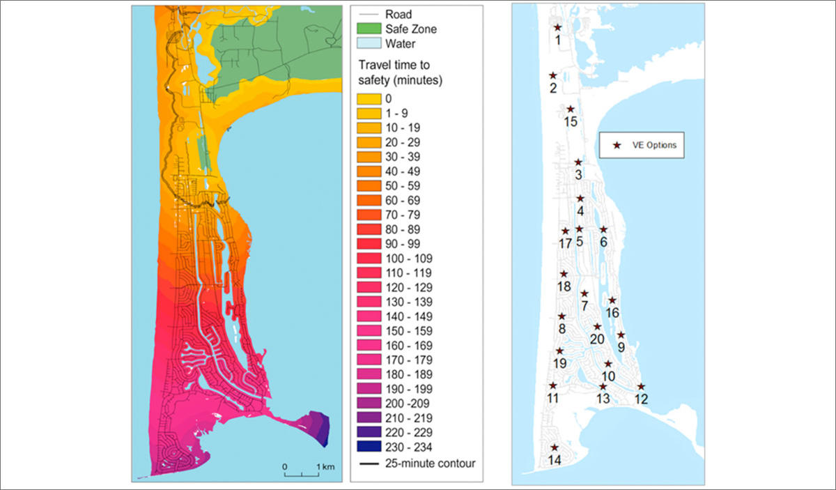 At left, estimated pedestrian travel times to escape to high ground after a big earthquake. Right, possible locations in Ocean Shores for tsunami vertical evacuation structures proposed at a community meeting. CREDIT: USGS