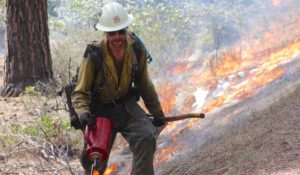A member of the Wolf Creek Hotshots uses a drip torch to ignite the forest floor during a prescribed burn near Sisters, Oregon. CREDIT: JES BURNS