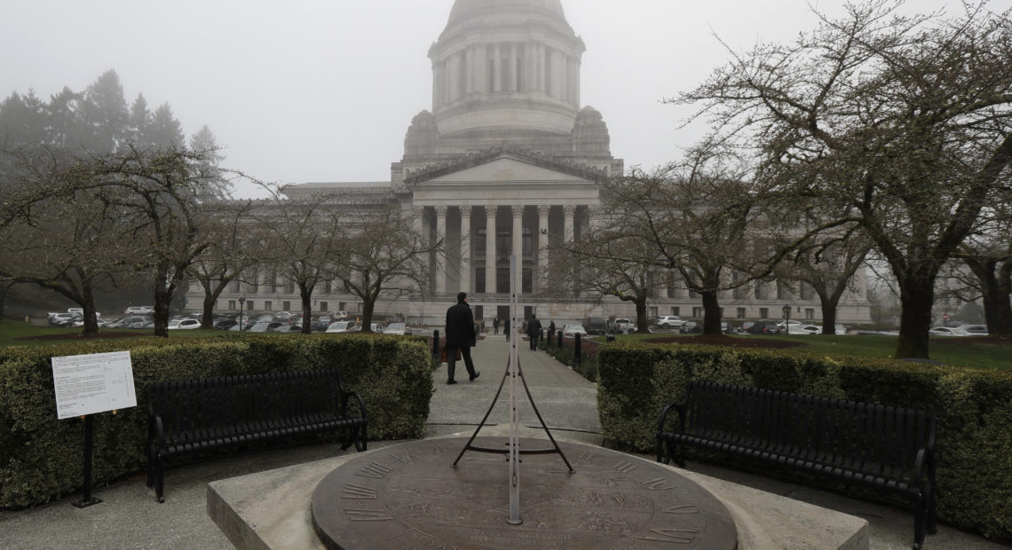 The Legislative Building and the sundial is shown on a foggy morning, Tuesday, March 6, 2018, at the Capitol in Olympia, Wash. The last day of the regular legislative session is Thursday, March 8, 2018. CREDIT: AP PHOTO/ TED S. WARREN