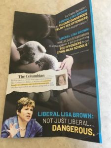 Cathy McMorris Rodgers campaign mailer, associating Brown with a bill and incorrectly attributing info on her to The Columbian newspaper.